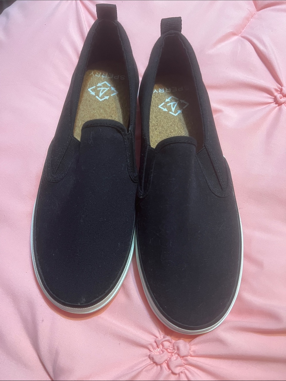Sperry Black Canvas Slip-On Sneakers with White Trim